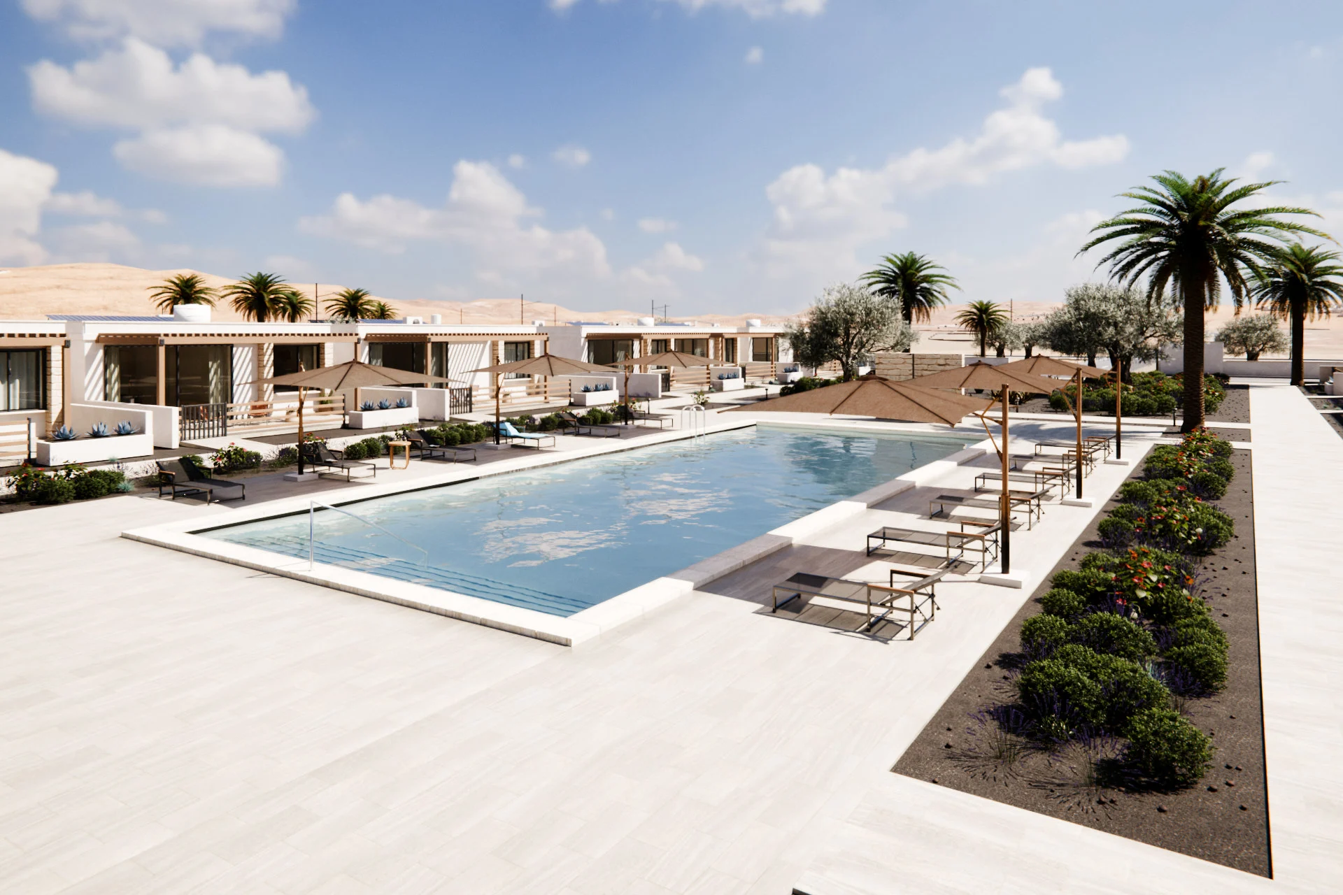 Residencial Brisa, render 3D: piscina comunitaria rodeada de tumbonas y sombrillas, con las viviendas y las montañas al fondo.