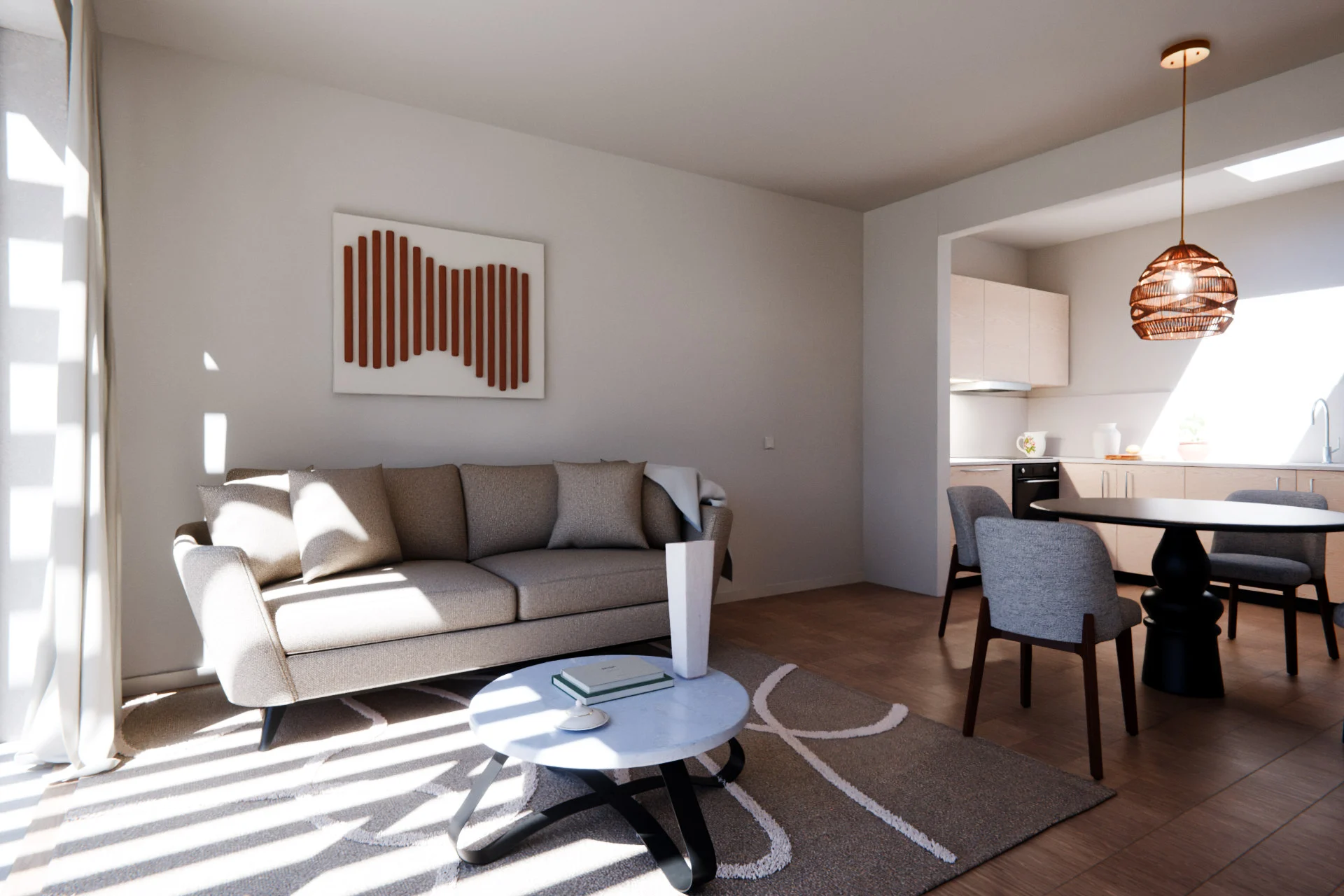 Residencial Brisa, render 3D: salón con sofá, mesa de centro y comedor abierto a la cocina.