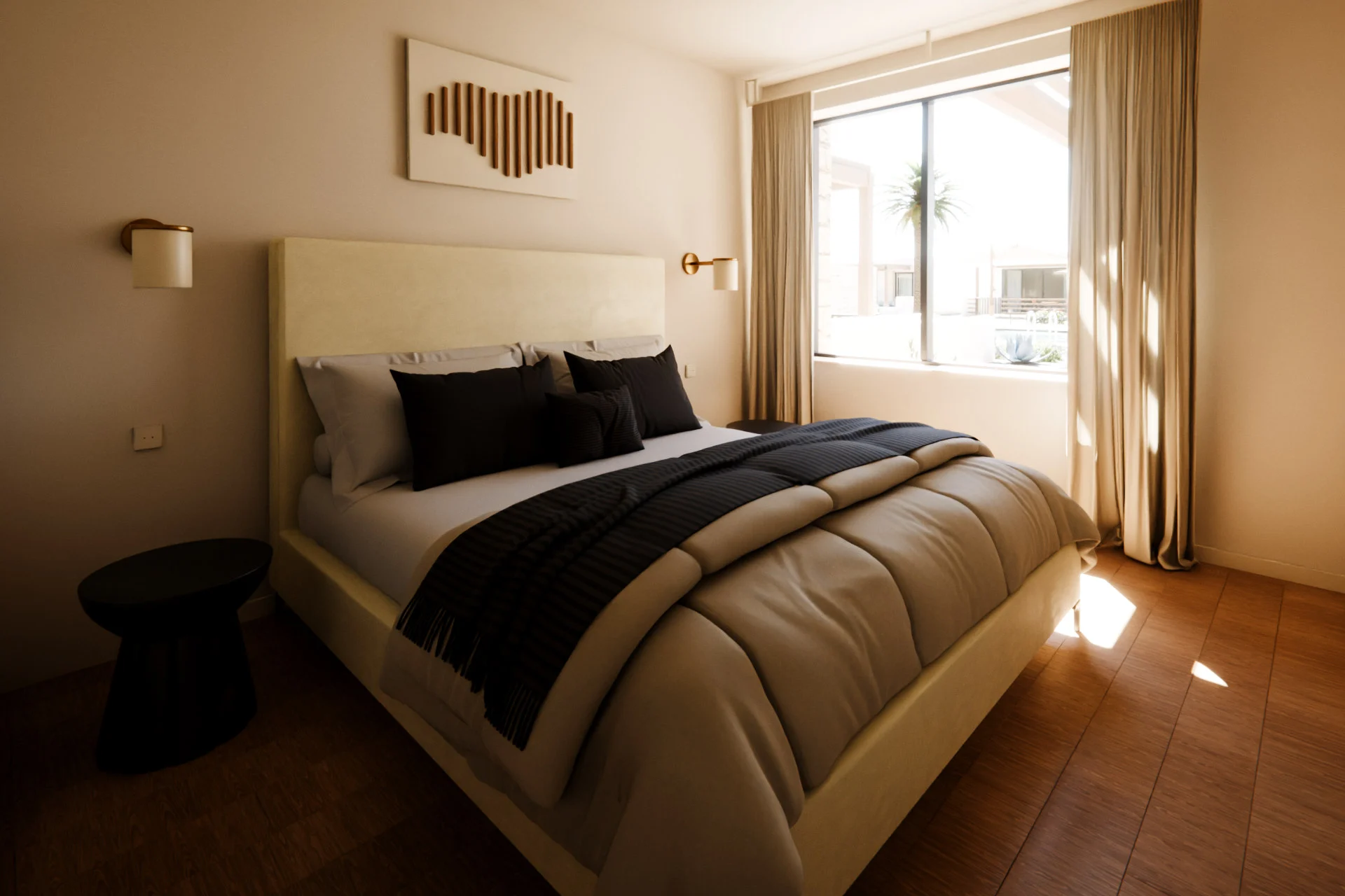 Residencial Brisa, render 3D: dormitorio con cama de matrimonio, apliques de latón y ventana con cortinas.