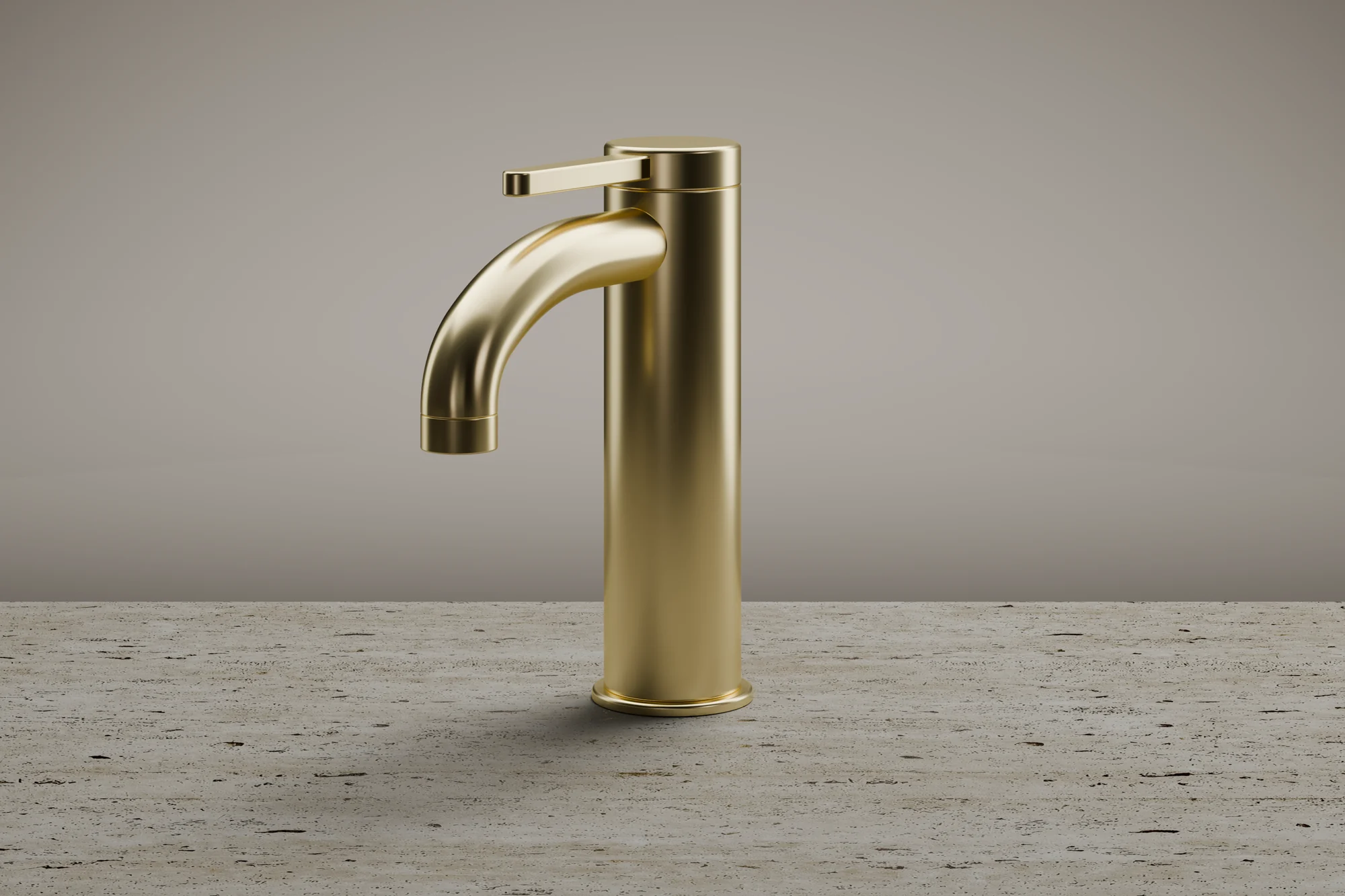 Grifo monomando CAUCE en latón cepillado, render 3D: vista de tres cuartos sobre encimera de travertino.