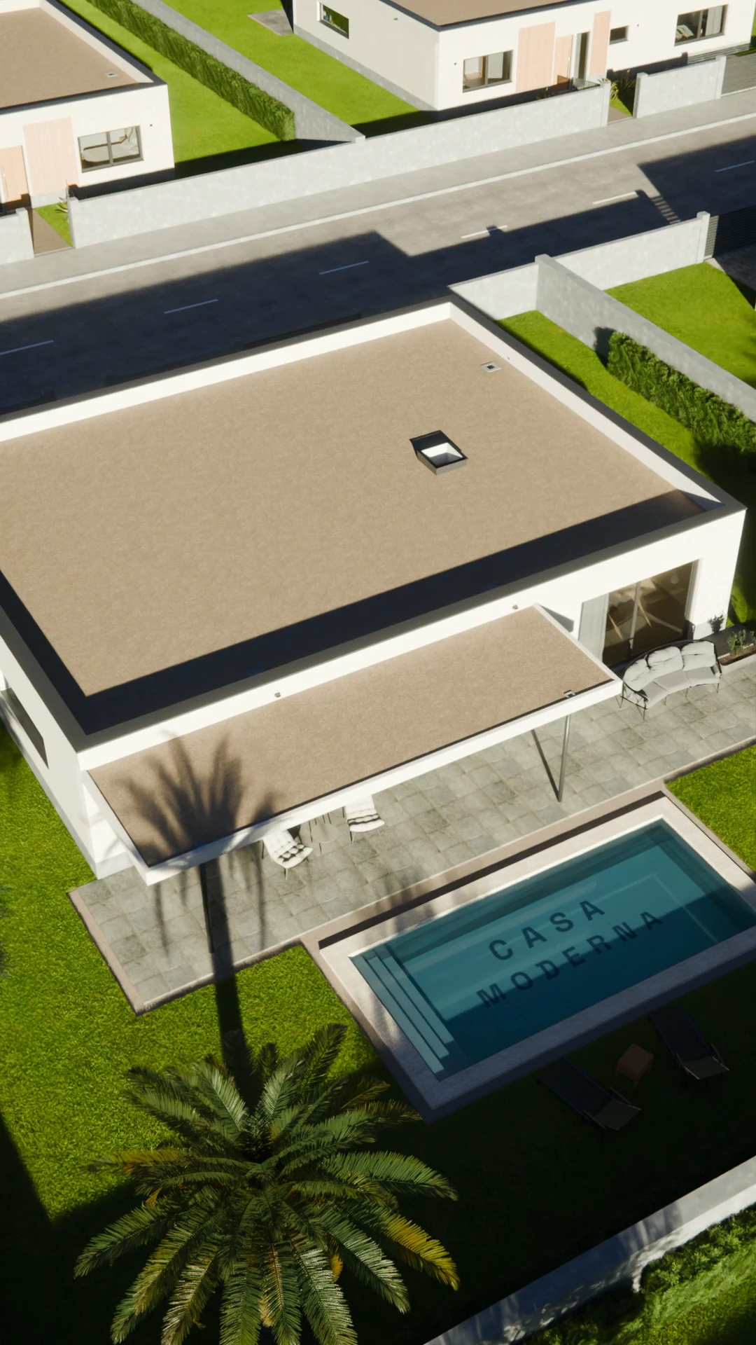 Casa Moderna, render 3D: vista aérea de una vivienda de cubierta plana con porche, terraza y piscina con el rótulo CASA MODERNA en gresite en el fondo.