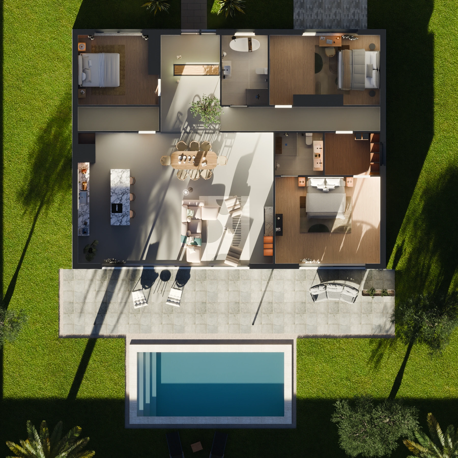 Casa Moderna, render 3D: planta cenital sin techo y con los muros cortados, cada estancia amueblada, terraza y piscina.