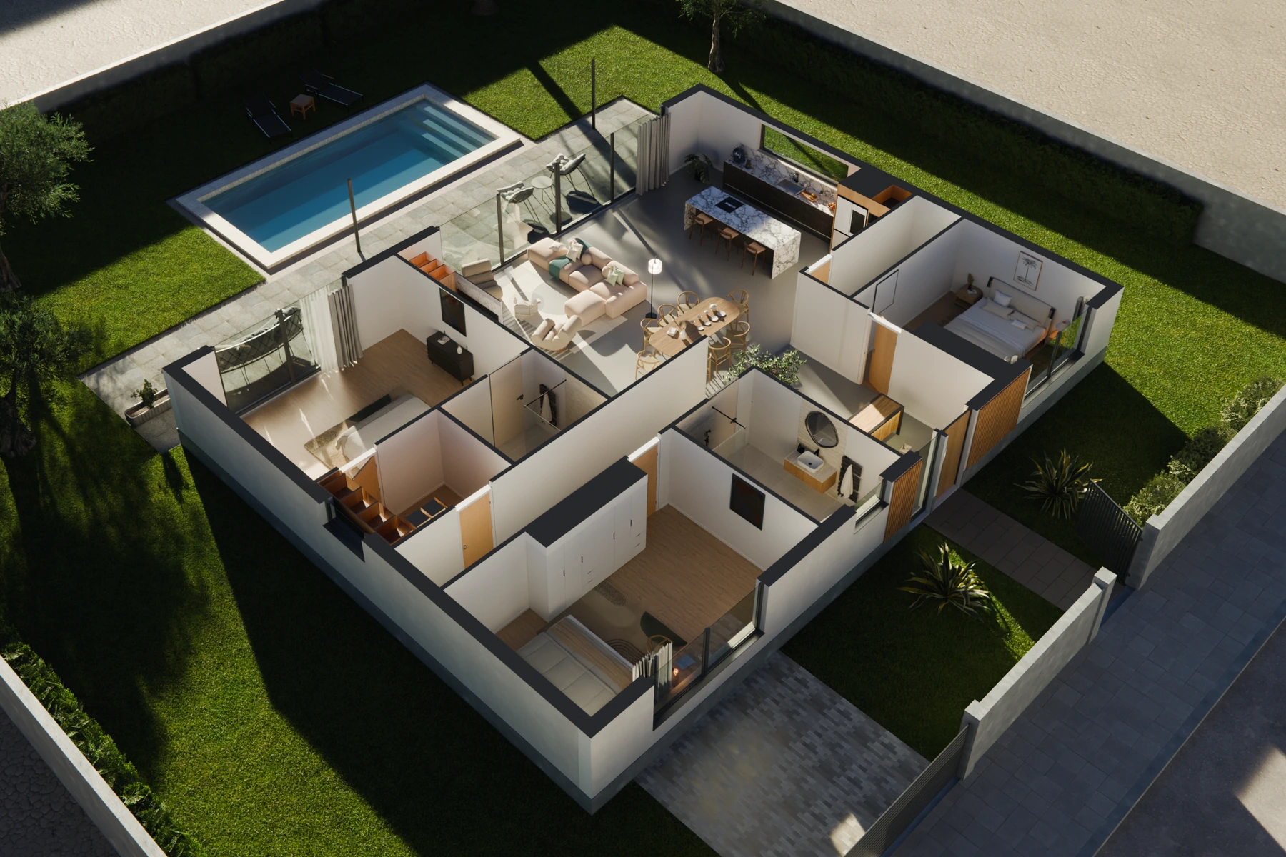 Casa Moderna, render 3D: casa de muñecas vista desde el noreste, con los dormitorios y los baños.