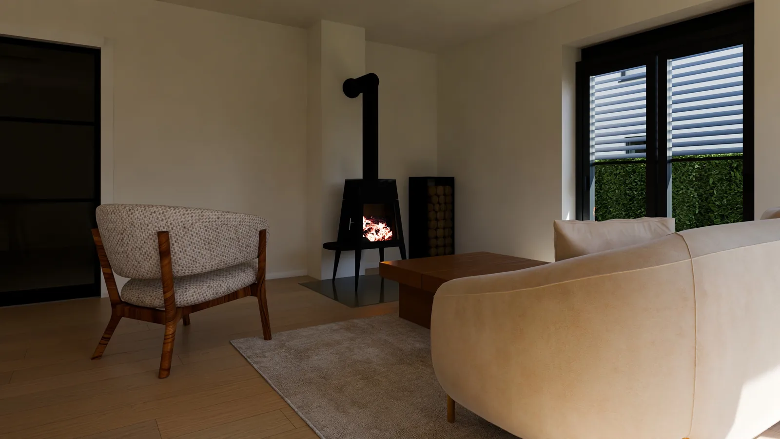 Casa alemana, render 3D: salón con estufa de leña negra y leñero, butaca tapizada, mesa baja de madera, sofá claro y puerta acristalada al jardín.