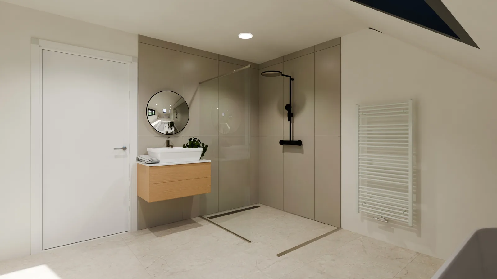Casa alemana, render 3D: baño bajo cubierta con ducha a ras de suelo tras una mampara de vidrio, lavabo sobre mueble de madera y toallero blanco.