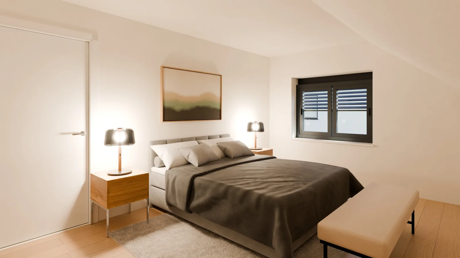 Casa alemana, render 3D: dormitorio bajo cubierta con cama tapizada, mesillas de madera con lámparas encendidas, banco a los pies y ventana con persiana.