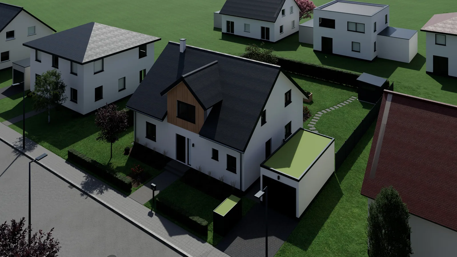 Casa alemana, render 3D: vista aérea de la casa en la urbanización, con el hastial de madera, el garaje de cubierta verde, el jardín trasero y el seto.