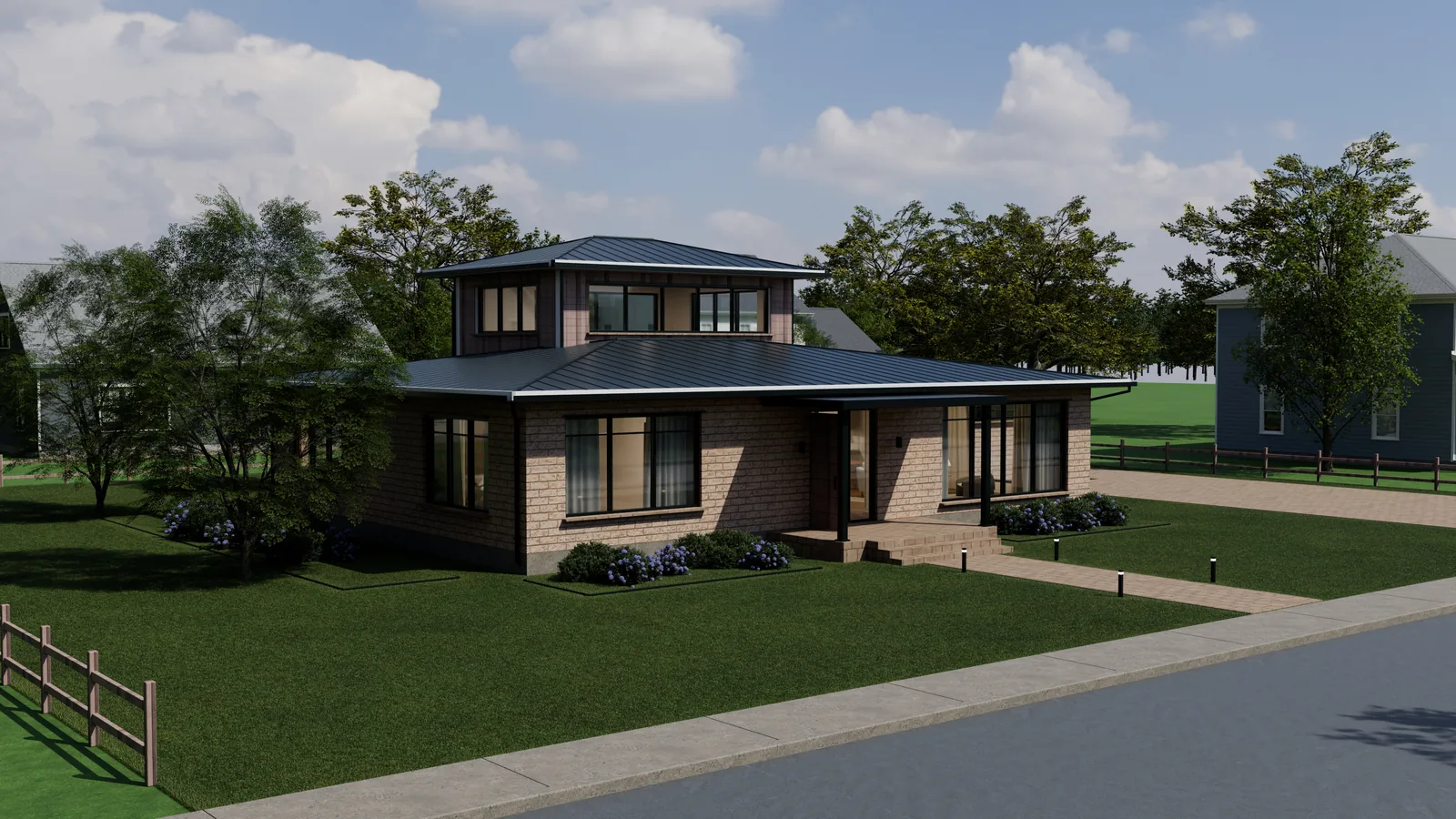 Casa Cedar, render 3D: fachada de día de una casa de una planta en ladrillo con un volumen superior revestido de madera de cedro, cubierta metálica oscura a cuatro aguas y jardín delantero.