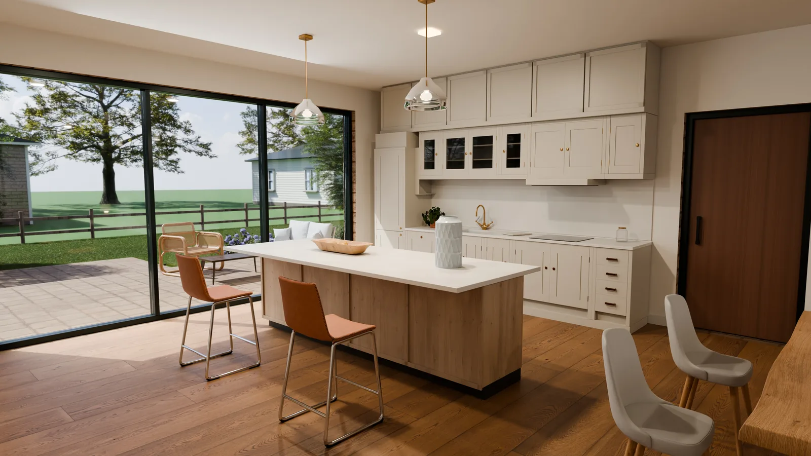 Casa Cedar, render 3D: cocina con isla de madera clara y encimera blanca, taburetes de cuero y una gran cristalera abierta a la terraza.
