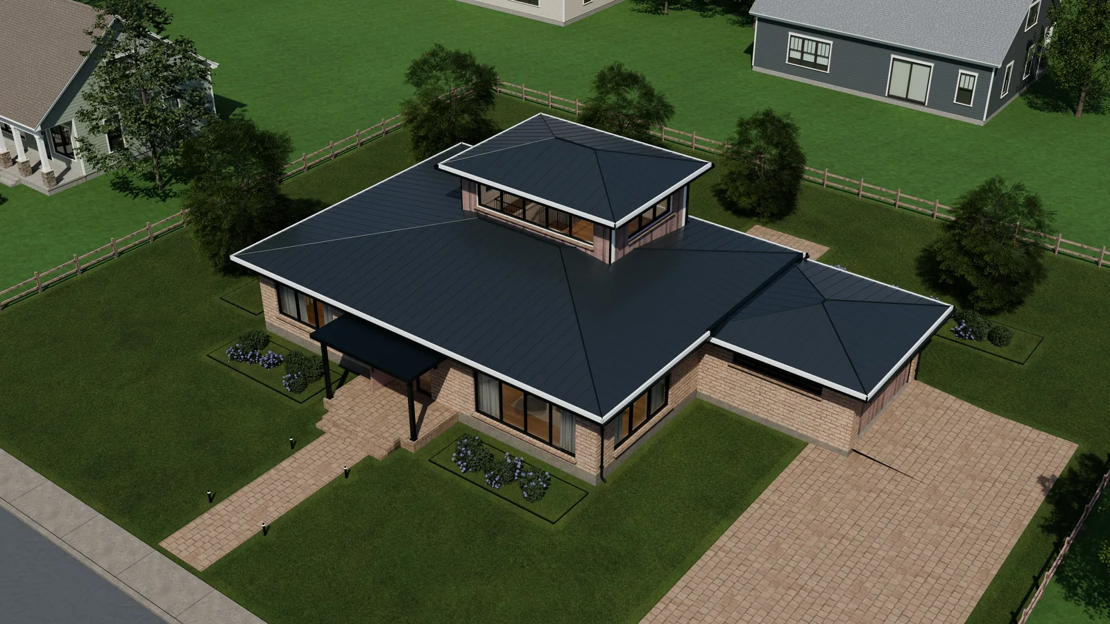 Casa Cedar, render 3D: vista aérea de la casa con sus cubiertas a cuatro aguas, el volumen superior, el camino de entrada y el acceso al garaje lateral.