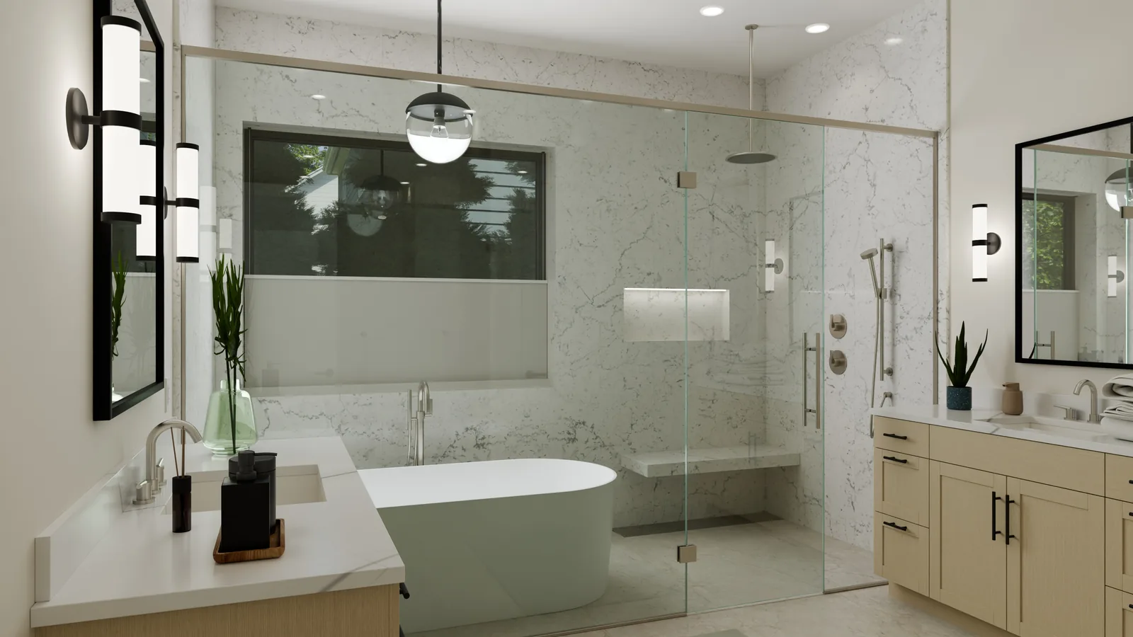 Casa norteamericana, render 3D: baño principal con bañera exenta, ducha acristalada revestida de mármol blanco y dos lavabos con muebles de madera clara.