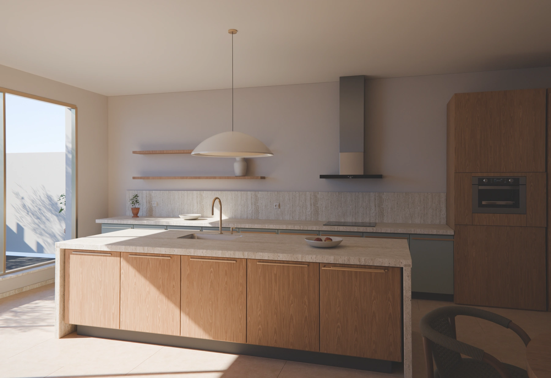Casa Calma, render 3D: cocina con isla de piedra, frentes de roble, lámpara colgante y ventana al patio.