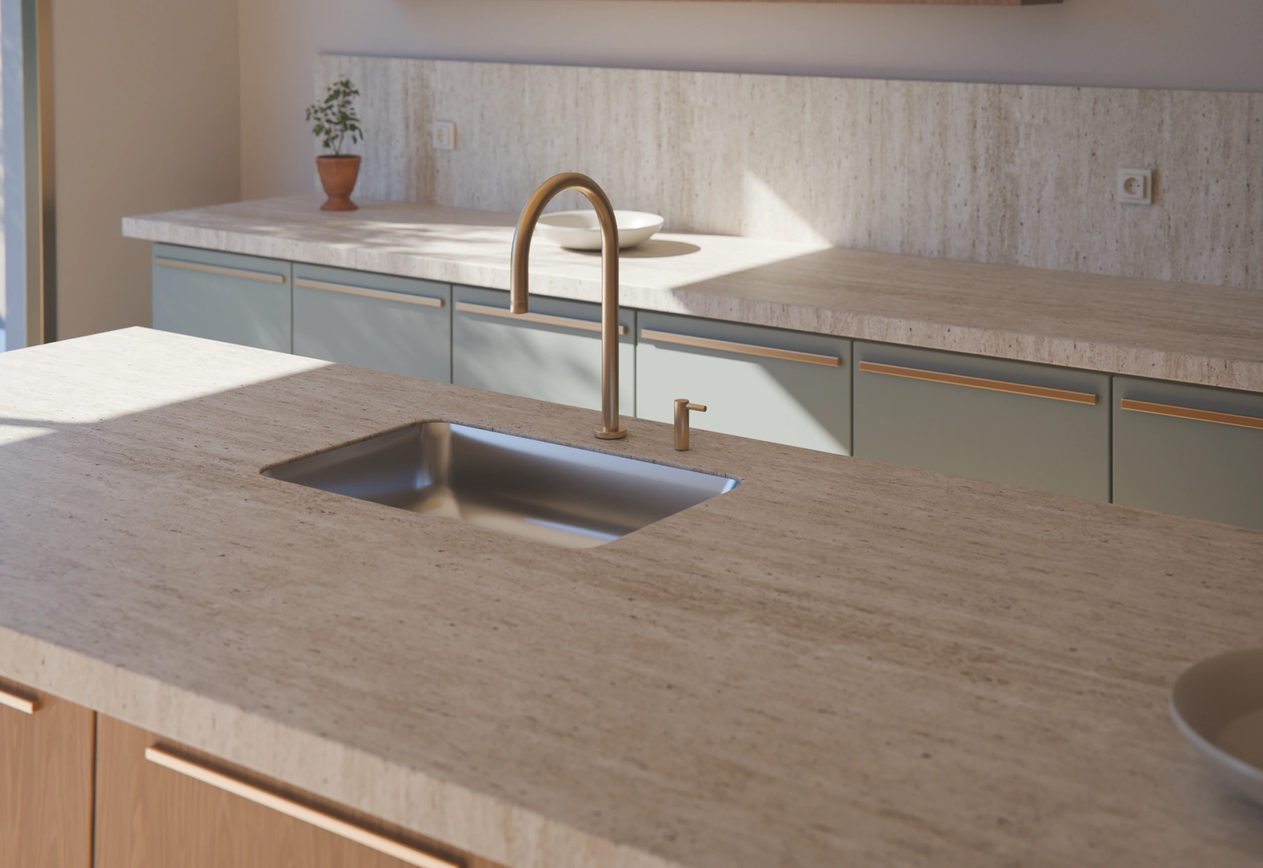 Casa Calma, render 3D: detalle de la encimera de piedra con fregadero bajo encimera y grifería de latón.