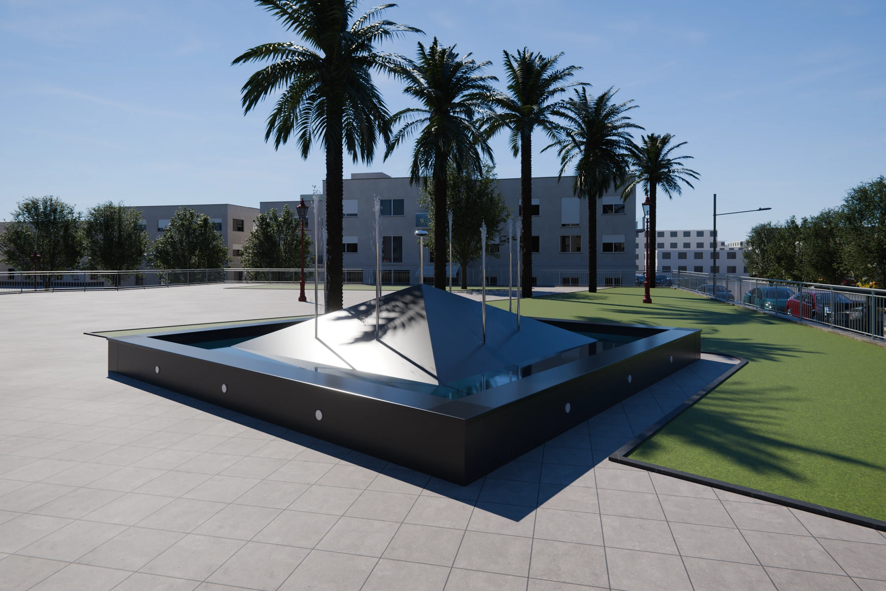 Plaza de la Paz, render 3D: a pie de plaza, fuente cuadrada con pirámide y chorros de agua en movimiento, palmeras, césped y faroles.