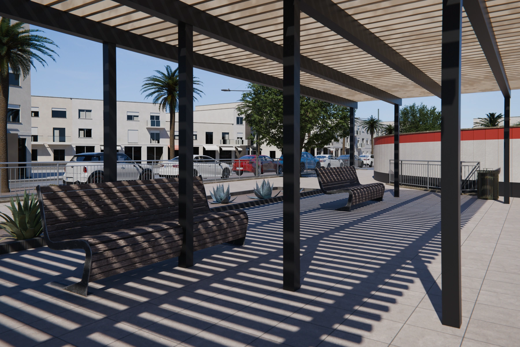 Plaza de la Paz, render 3D: bancos de madera bajo la pérgola, con su sombra rayada sobre el pavimento.